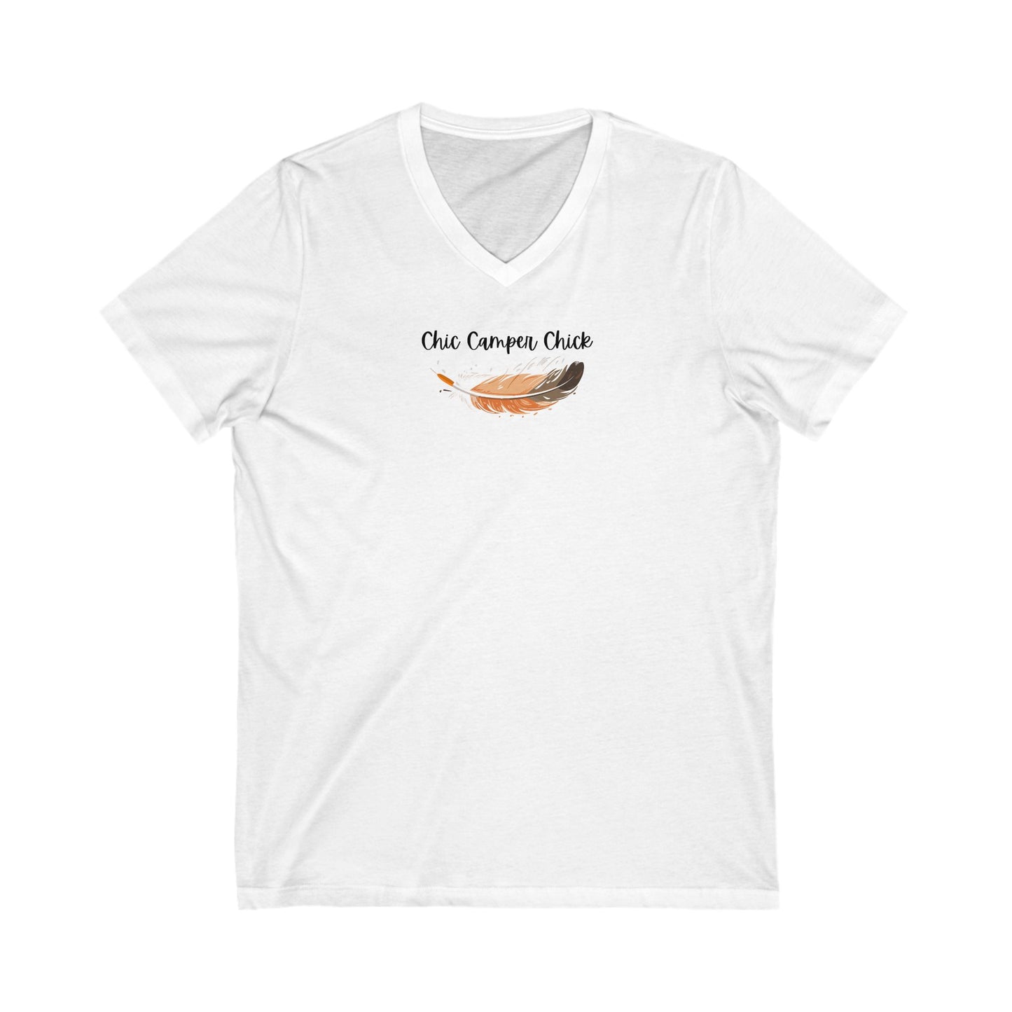 Chic Camper Chick Orange and black Feather V-Neck Tee - Unisex Short Sleeve Shirt for Outdoor Enthusiasts