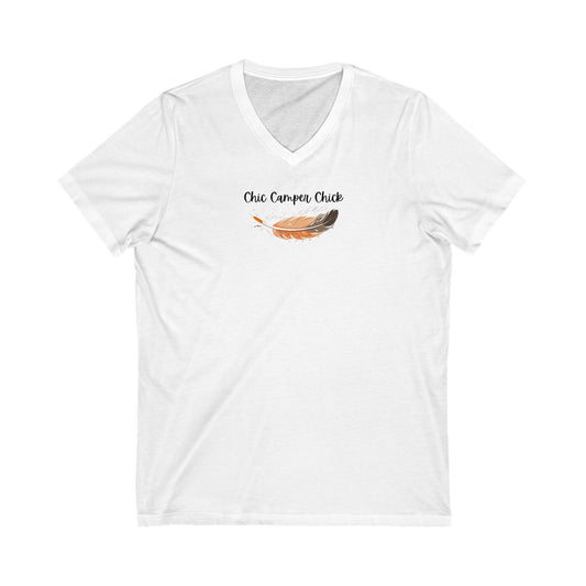 Chic Camper Chick Orange and black Feather V-Neck Tee - Unisex Short Sleeve Shirt for Outdoor Enthusiasts