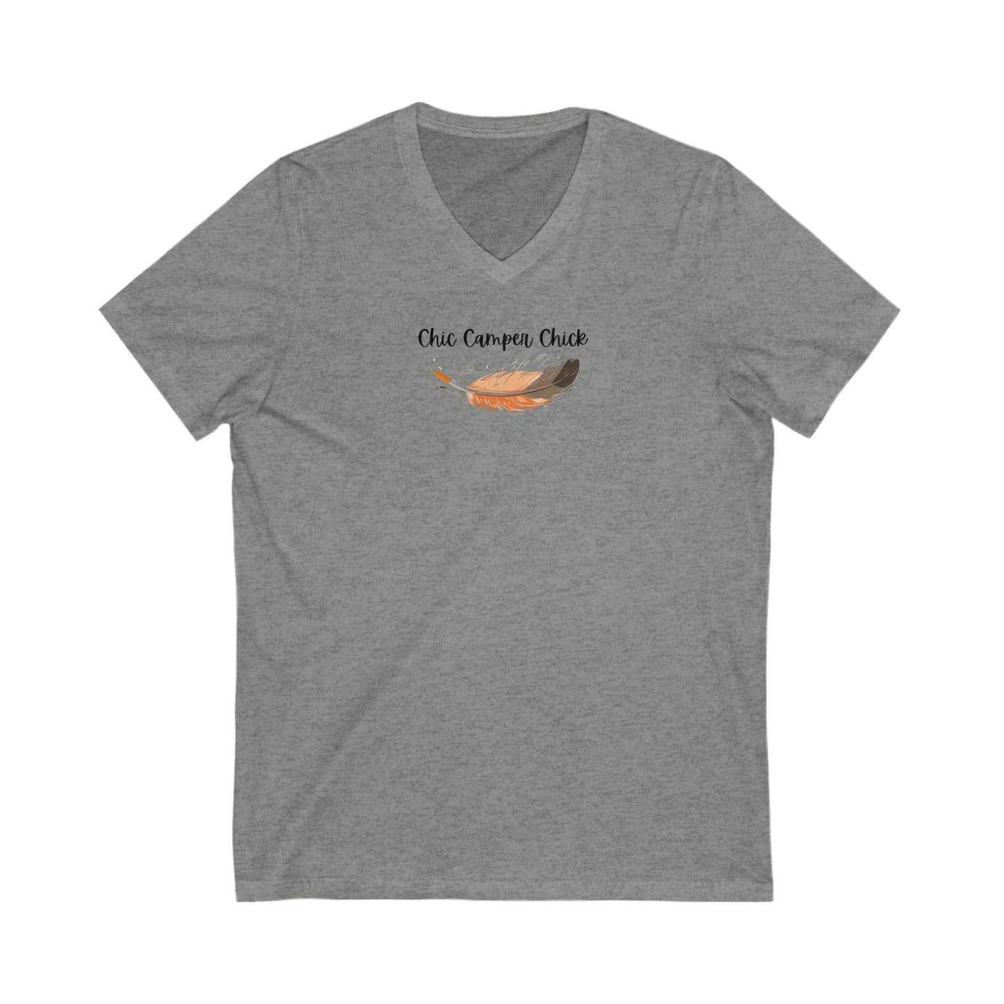 Chic Camper Chick Orange and black Feather V-Neck Tee - Unisex Short Sleeve Shirt for Outdoor Enthusiasts