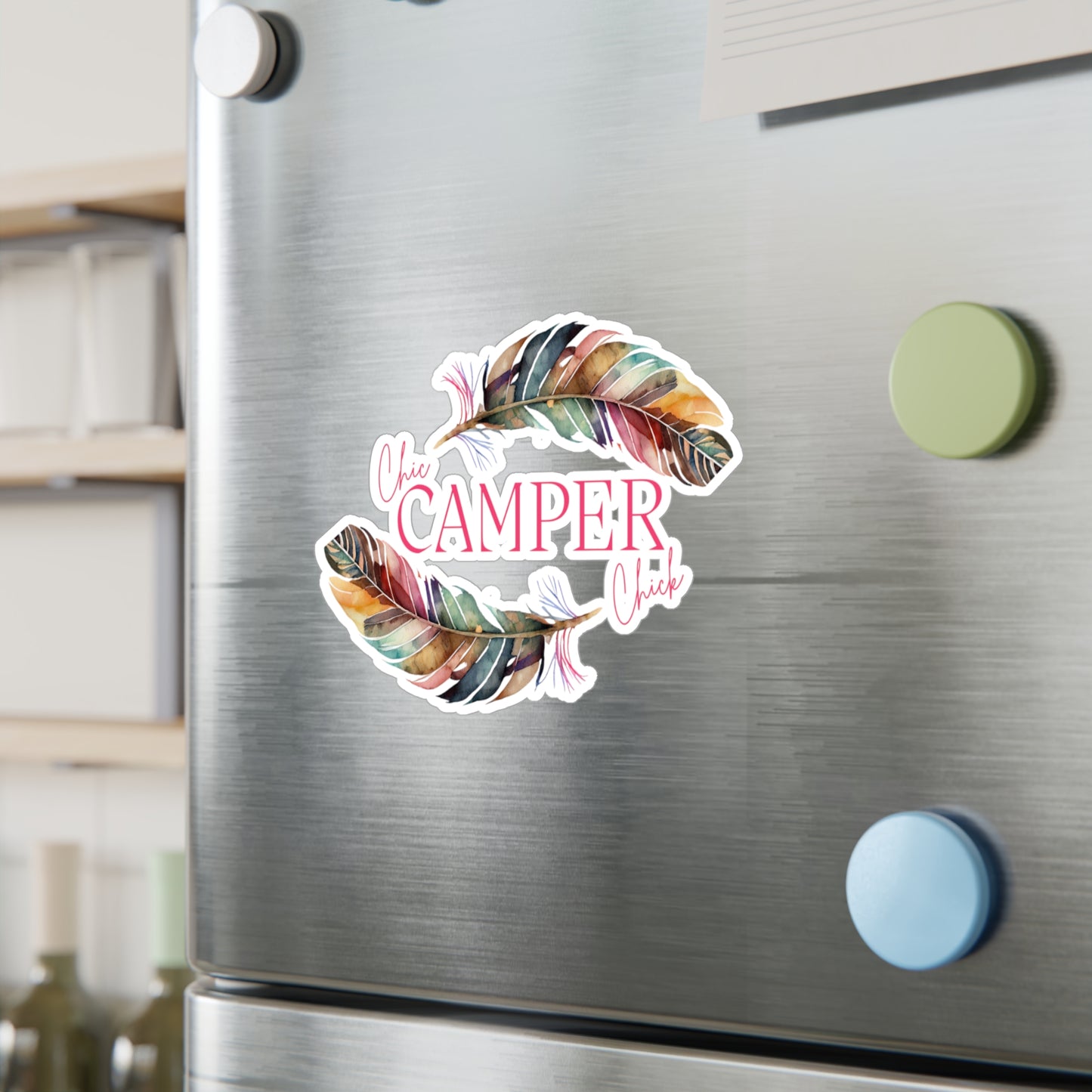 Chic Camper Chick Feather Kiss-Cut Vinyl Decal | Colorful Feather Vinyl Decal — Waterproof Sticker for Car, Laptop, Tumbler
