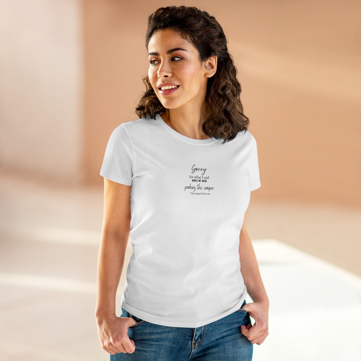 Women's Tee — 'Sorry for what I said while we were parking the camper' Chic Camper Chick Minimal Inspirational Skinny Chest Print
