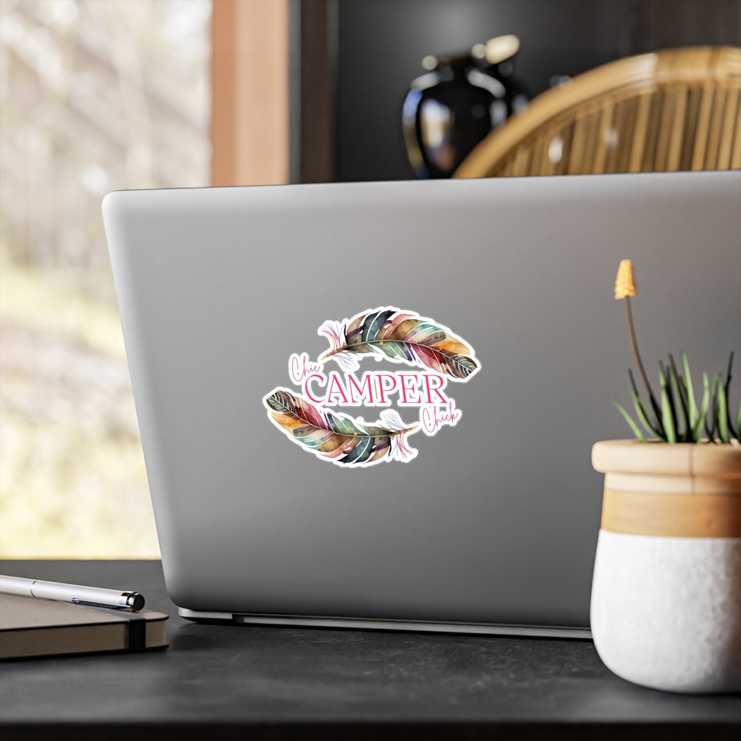 Chic Camper Chick Feather Kiss-Cut Vinyl Decal | Colorful Feather Vinyl Decal — Waterproof Sticker for Car, Laptop, Tumbler