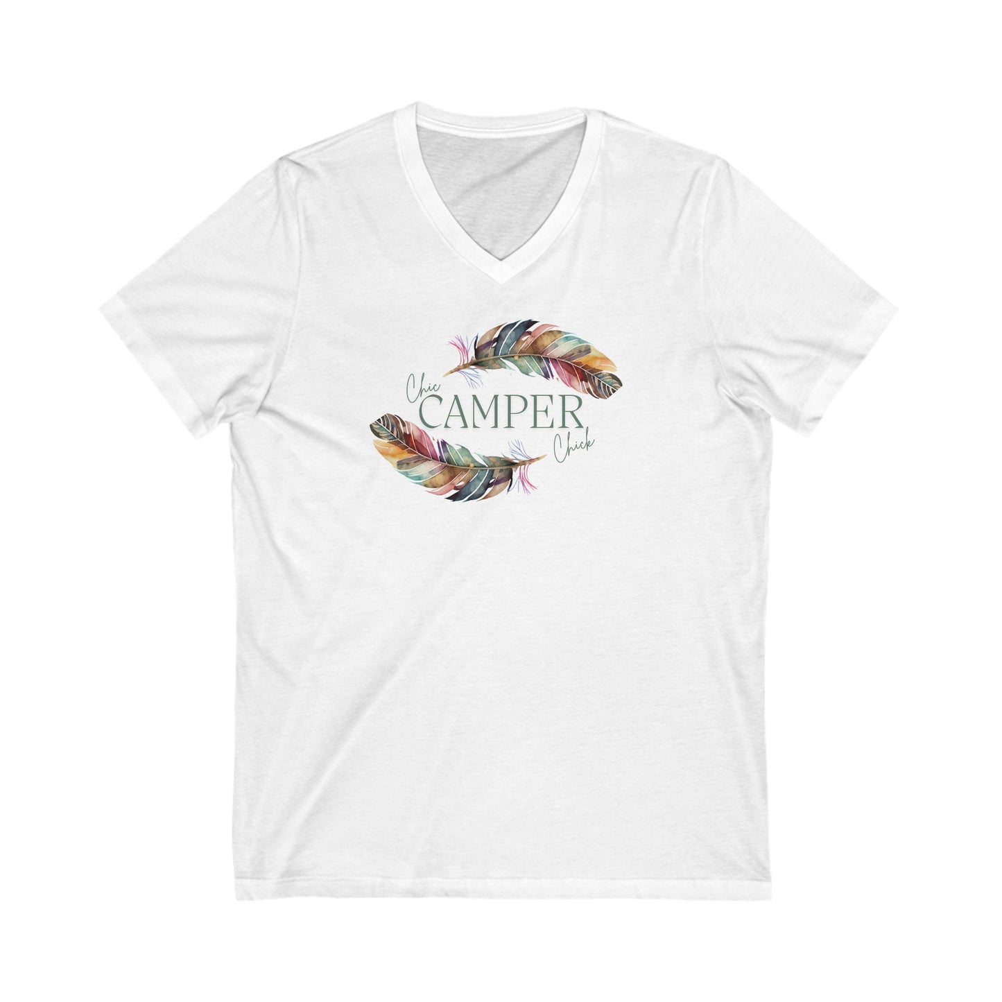 Chic Camper Chick Colorful Feathers V-Neck Tee - Perfect for Outdoor Adventures