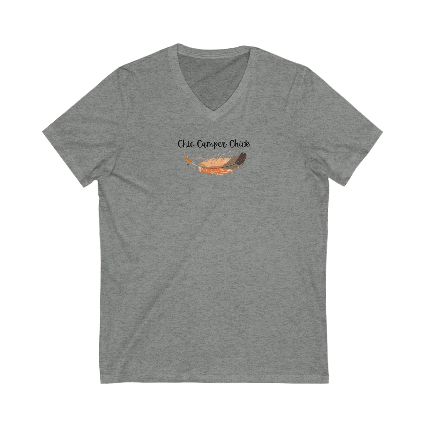 Chic Camper Chick Fall Feather V-Neck Tee - Unisex Short Sleeve Shirt for Outdoor Enthusiasts